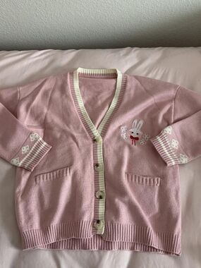 YesStyle Pink & Cream Bunny Embroidered Cardigan Sweater